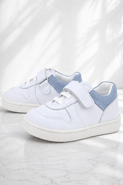 Rakerplus Bob Hakiki Deri Beyaz Nubuk Mavi Cırtlı Bebek Sneaker Ayakkabı ürün görseli 1