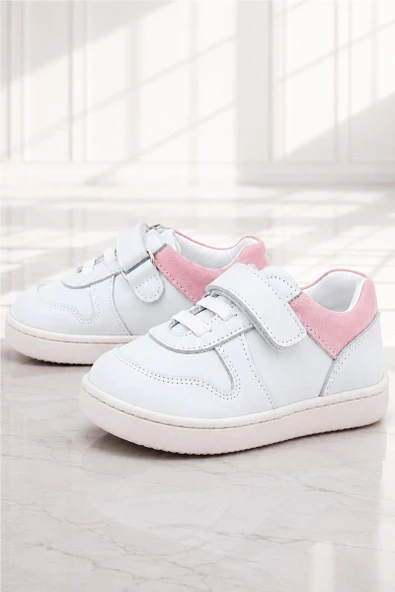 Rakerplus Bob Hakiki Deri Beyaz Nubuk Pembe Cırtlı Bebek Sneaker Ayakkabı ürün görseli 1