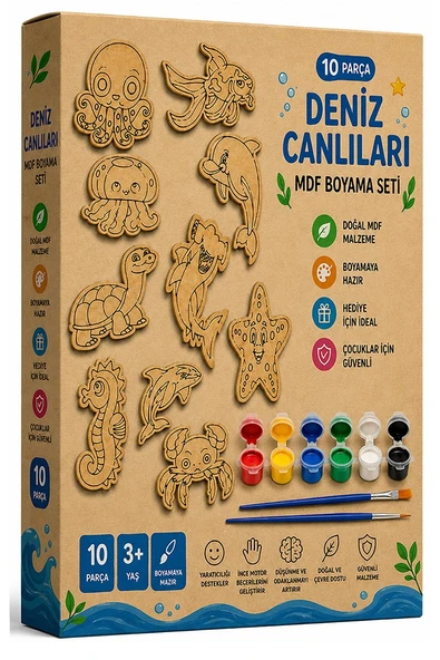 Ahşap Boyama Deniz Canlıları 10 lu 1 Paket 10x15cm Ahşap Boyama 6 Renk Boya Resim Fırçası Etkinlik Çocuk Gelişim Motor ürün görseli 1