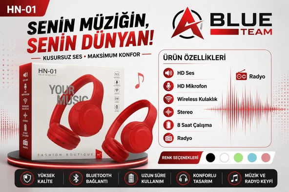 HN01 KIRMIZI KAFA ÜSTÜ BLUETOOTH KULAKLIK ürün görseli 1