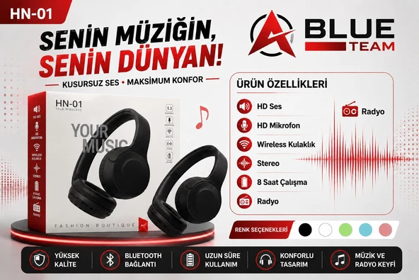HN01 SİYAH KAFA ÜSTÜ BLUETOOTH KULAKLIK ürün görseli 1