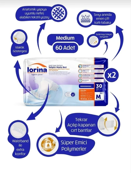 LORİNA BEL BANTLI HASTA BEZİ MEDİUM 30LU PAKET 60 ADET ürün görseli 1