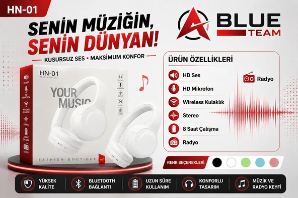 HN01 BEYAZ KAFA ÜSTÜ BLUETOOTH KULAKLIK ürün görseli 1