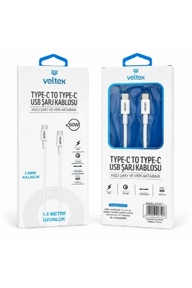 1.5 Metre 60W PD Type-C to Type-C Hızlı Şarj ve Data Kablosu VTX-071 ürün görseli 1