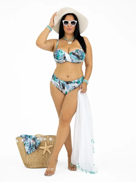 Büyük Beden Desenli Sabit Kaplı Toparlayıcı Yüksek Bel Kadın Bikini Takım ürün görseli 1