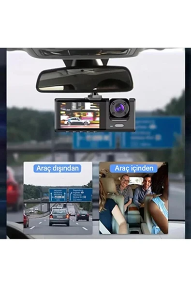3 Kameralı Araç İçi Kamera Full HD Ön 720P İç Arka Geniş Açılı WiFi Destekli ürün görseli 1
