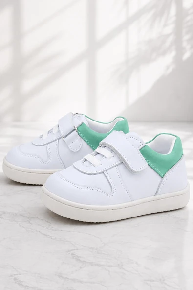 Rakerplus Bob Hakiki Deri Beyaz Nubuk Yeşil Cırtlı Bebek Sneaker Ayakkabı ürün görseli 1