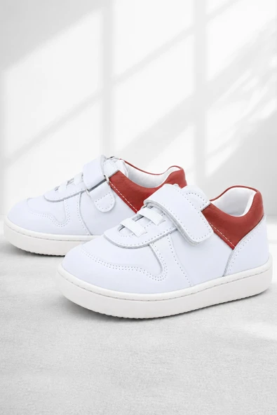 Rakerplus Bob Hakiki Deri Beyaz Nubuk Kırmızı Cırtlı Bebek Sneaker Ayakkabı ürün görseli 1