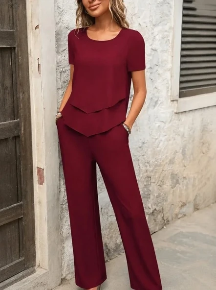 Kadın Kısa Kollu Kayık Yaka önü Asimetrik Detaylı Kısa Sandy Bluz Ve Pantolon Ikili Takım ürün görseli 1