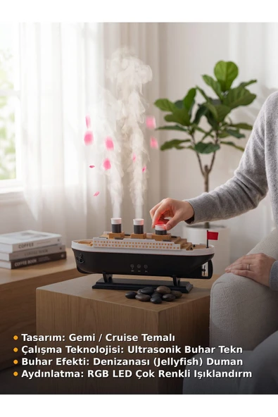 Jellyfish Aroma Diffuser Gemi Figürlü Ultrasonik Hava Nemlendirici ve RGB Gece Lambası ürün görseli 1