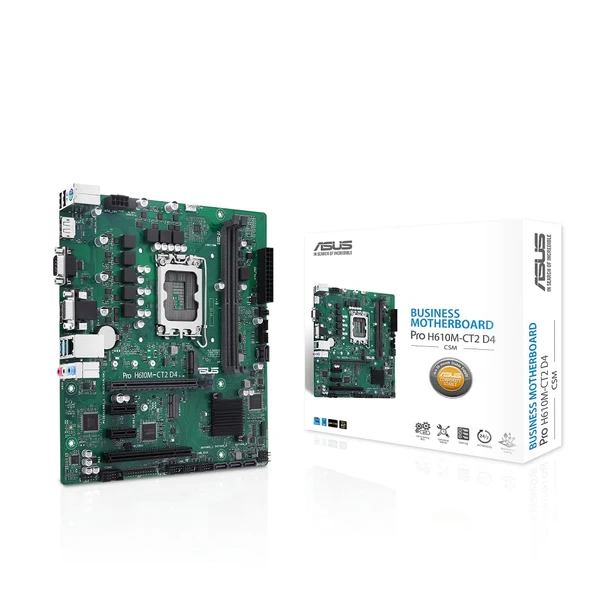 ASUS Pro H610M-CT2 D4-CSM anakart (13. ve 12. nesil Intel işlemciler için Intel Soket LGA1700 ve 2x DP, VGA, PCIe 4.0, DDR4 3200 gibi olağanüstü özelliklerle donatılmıştır) ürün görseli 1