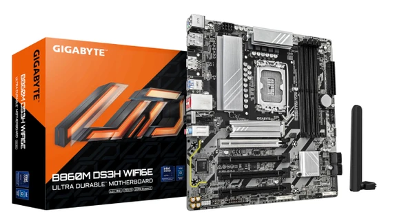 GIGABYTE B860M DS3H WIFI6E anakart - Intel Core Ultra CPU'lar, 5+1+2+1 fazlı VRM, 9066MHz'e kadar DDR5, 1xPCIe 5.0 + 1xPCIe 4.0 M.2, 2.5 GbE LAN, WiFi 6E, USB 3.2 Gen 2 ürün görseli 1
