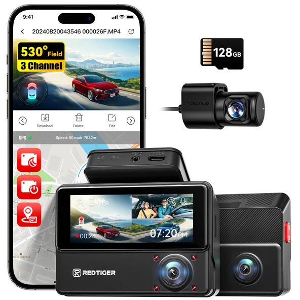 REDTIGER 530° 3 kanallı, 2,5K + 2,5K + 1080P araç içi kameralı araba, 128 GB kartlı, IR gece görüşü, dokunmatik ekran, ön, iç ve arka için araç kamerası, WiFi, GPS, 24 saat park modu ürün görseli 1