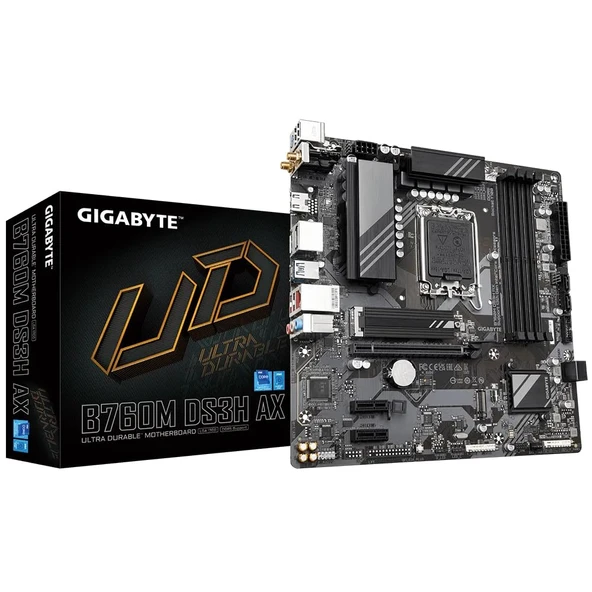 GIGABYTE B760M DS3H AX anakart - 14. nesil Intel Core işlemcileri, 6+2+1 fazlı dijital VRM'yi, 7600 MHz'e kadar DDR5 (OC), 2X PCIe 4.0 M.2, Wi-Fi 6E, 2.5GbE LAN, USB 3.2 Gen 2'yi destekler ürün görseli 1