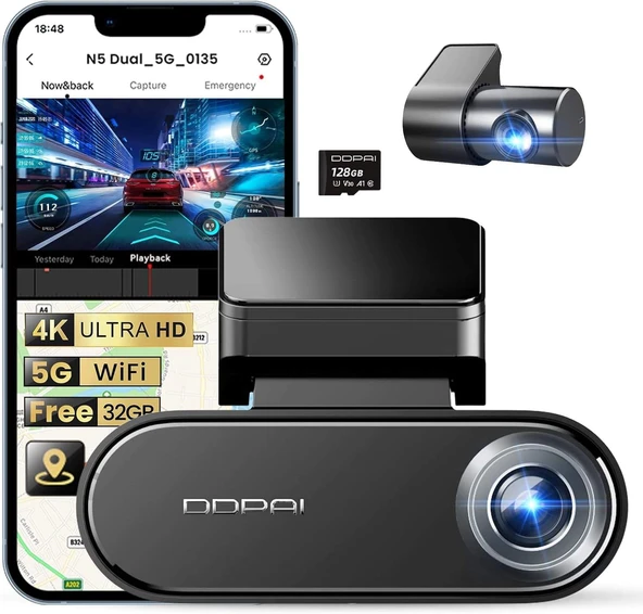 DDPAI N5 Çift Araç Kamerası Araç Ön Arka 4K+1080P, ÜCRETSİZ 128 GB Kart + 32 GB eMMC, Süper Gece Görüşü, 5G WiFi GPS, 72 saat Park İzleme, G-Sensörü, Döngü Kayıt, Uygulama Kontrolü ürün görseli 1