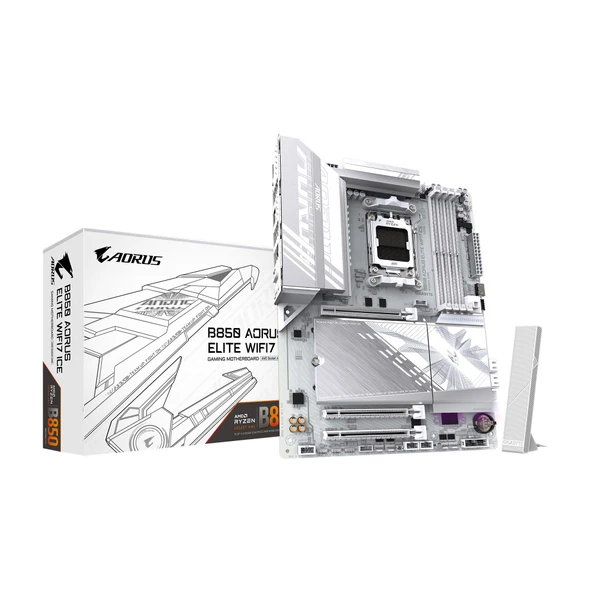 GIGABYTE B850 AORUS Elite WIFI7 Ice AMD AM5 LGA 1718 anakart, ATX, DDR5, 3X M.2, PCIe 5.0, USB-C, WIFI7, 2.5GbE LAN, EZ-Latch, 5 yıl garanti ürün görseli 1