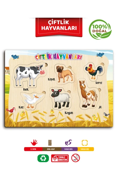 ahsap renkli eğitici öğretici çiftlik hayvanlari sök tak puzzle ürün görseli 1