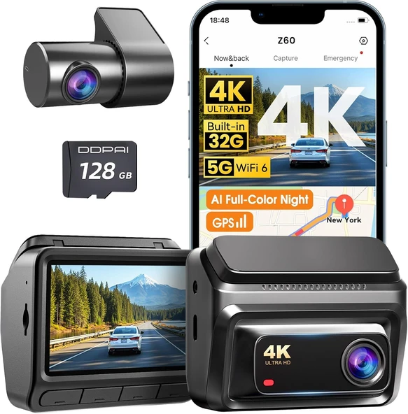 DDPAI Araç Kamerası Araç Ön Arka 4K+1080P, Entegre 32 GB eMMC Araç Kamerası, Tam Renkli Gece Görüşlü 4G LTE Araç Kamerası, 5 GHz WiFi 6 GPS, 7/24 Park İzleme, 3" IPS, G-Sensor, ADAS, Z60 ürün görseli 1