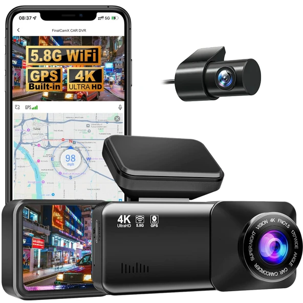 Osmo-s Dashcam Pro 2.0 4K araç kamerası, 1080P arka kamera, WiFi, 64 GB SD kart, çift kamera, 170° geniş açı, gece görüşü, döngü kayıt uygulaması kontrolü ürün görseli 1