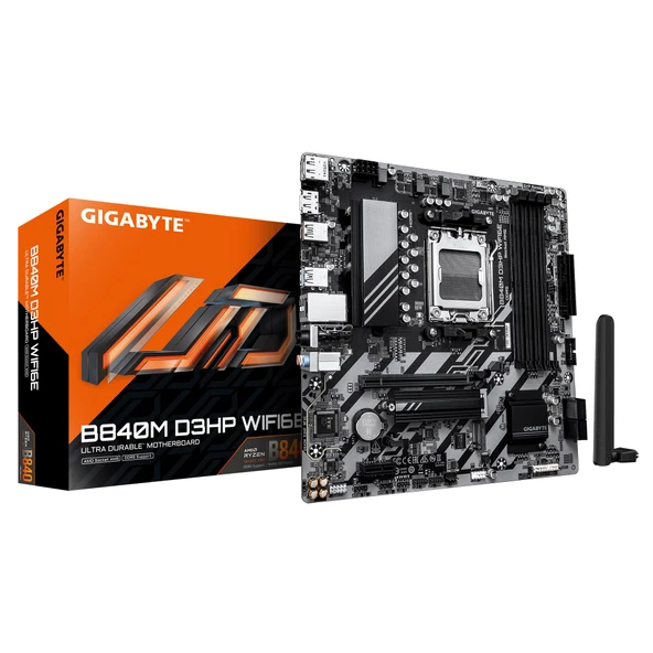 GIGABYTE B840M D3HP WIFI6E anakart - AMD Ryzen 9000 CPU'lar, 8+2+2 fazlı VRM, 8200 MHz'e kadar DDR5 (O.C.), 2× PCIe 4.0 M.2, Wi-Fi 6E, 1 GbE LAN, USB 3.2 Gen 2 ürün görseli 1