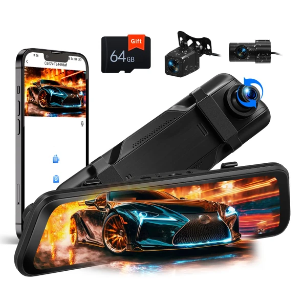 CAMECHO aynalı araç kamerası, dikiz kameralı 9,66 inç ekran full HD 2K, araç içi kamera aynası araba ön ve arka, döngü kaydıyla süper gece görüşü, G-sensörü, GPS, LCA, BSD, 64G kart + 2*1080 kamera ürün görseli 1