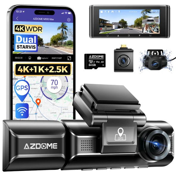 AZDOME 4K Dashcam Araba Ön Arka İç Mekan, 3 Kanal 4K+1080P+2.5K Araba Kamerası, 64GB SD Kart, WiFi GPS, Çift STARVIS, IR Gece Görüşü, WDR, 24H Park İzleme, G-Sensor, M550 MAX ürün görseli 1