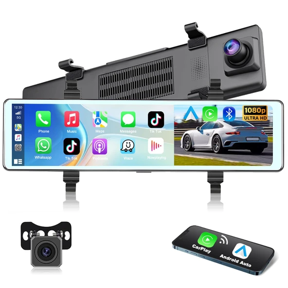 Carplay ile Arka Görüş Kameralı Podofo Ayna Dashcam Android Auto 11.26 İnç IPS Dokunmatik Ekran Çift 1080P Dikiz Aynası Dashcam Araç Kamerası Araba, 2 Bölünmüş Ekran, Bluetooth ürün görseli 1
