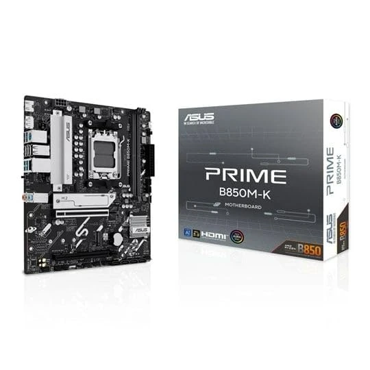 ASUS Prime B850M-K, AMD Micro-ATX anakart, 8+2+1 güç fazı, DDR5 yuvası, PCIe 5.0, 2 M.2 yuvası, Realtek Ethernet 2,5 GB, DisplayPort, HDMI, USB-A 10 Gbit/s ve USB-C 5 Gbps, Aura Sync ürün görseli 1