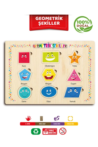 ahşap eğitici öğretici geometrik şekiller sok tak bul tak puzzle ürün görseli 1