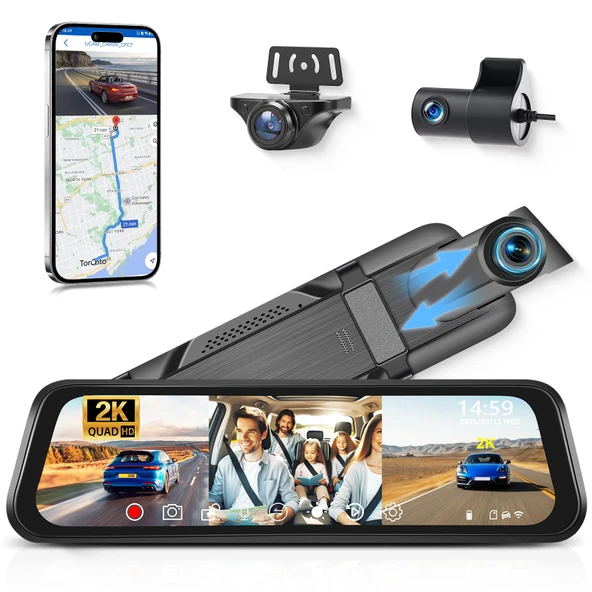 VECHTEL 3*Araç Kamerası, WiFi özellikli 2K Araç Ön Arka, 9,66 İnç IPS Ekranlı 1080P Araç Kamerası, Gece Görüşü, G Sensörü, Döngü Kayıt, 24 Saat Park İzleme, Geri Vites Yardımı ürün görseli 1