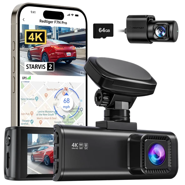 REDTIGER 4K Araç Ön Arka Kamerası, 64 GB Kartlı STARVIS 2 Sensörü, Dahili WiFi GPS'li 4K/2.5K+1080P Çift Araç Kamerası, 3,18" IPS, 170° Geniş Açı, 7/24 Park İzleme, Döngü Kayıt, WDR (F7N Pro) ürün görseli 1