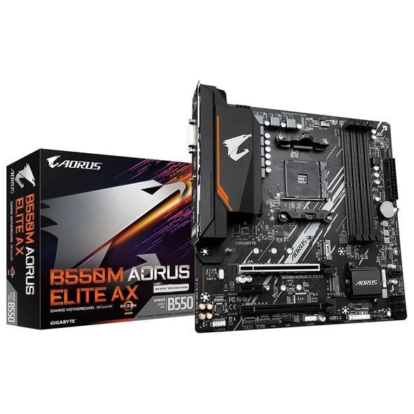 Gigabyte B550M AORUS Elite AX anakart - AMD Ryzen 5000 CPU'ları, 5+3 fazlı Pure Digital VRM'yi, 4733 MHz'e kadar DDR5 (OC), 1xPCIe 4.0 M.2, Wi-Fi 6E, GbE LAN, USB 3.2 Gen 2'yi destekler ürün görseli 1