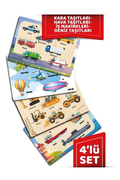 ahşap eğitici öğreticİ TAŞITLAR SETİ KARA DENİZ HAVA TASITLARI İŞ MAKİNELERİ 4 PARÇA ürün görseli 1