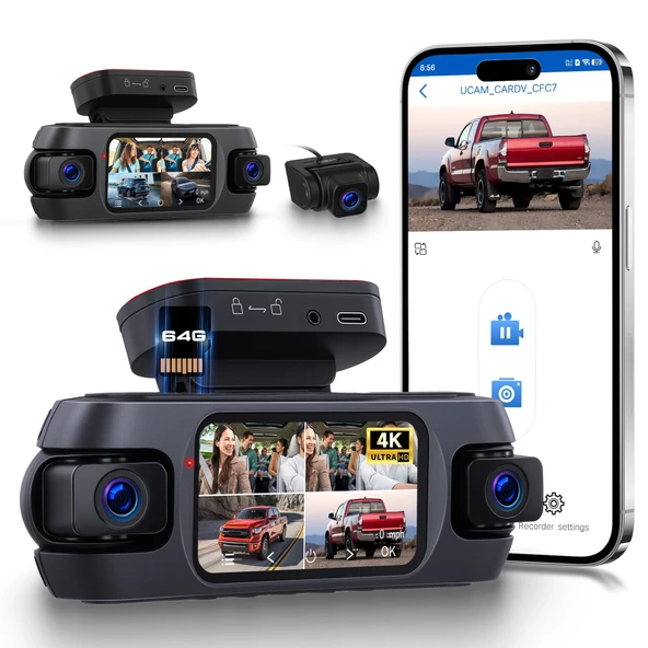 Dashcam 4K WiFi uygulaması, tam 360° çok yönlü korumalı araç kamerası, park modu, gece görüşü, GPS, G-sensörü, döngü kaydı ile 4 kanallı sistem (4K+1080P), arabalar için arka görüş kamerası dahil ürün görseli 1