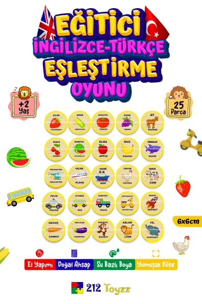 Ahşap Iki Parçalı Eşleştirme Oyunu Türkçe ingilizce hayvan Meyve Taşıt eğitici öğretici montessori ürün görseli 1