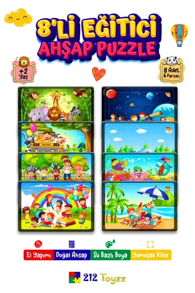 Ahşap 8 Ad Ahşap Çocuk Puzzle 6 Parçalı 8 Adet Eğitici Öğretici ürün görseli 1