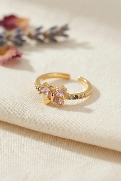Pembe Zirkon Taşlı Kelebek Model Kadın Yüzük ürün görseli 1
