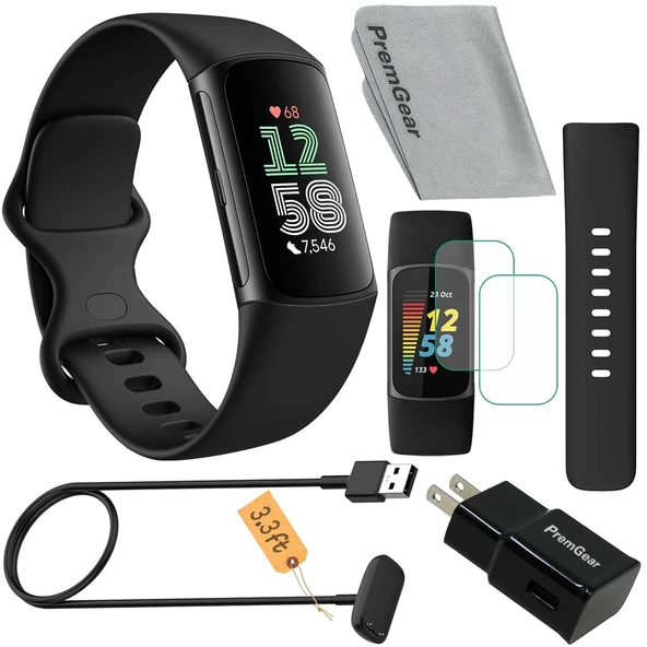 Fitbit Charge 6 Fitness Tracker Saat (Siyah) 2 adet saat kordonu, 1,8 m şarj kablosu, duvar adaptörü, ekran koruyucu ve Fitbit uyumlu temizlik bezi ürün görseli 1