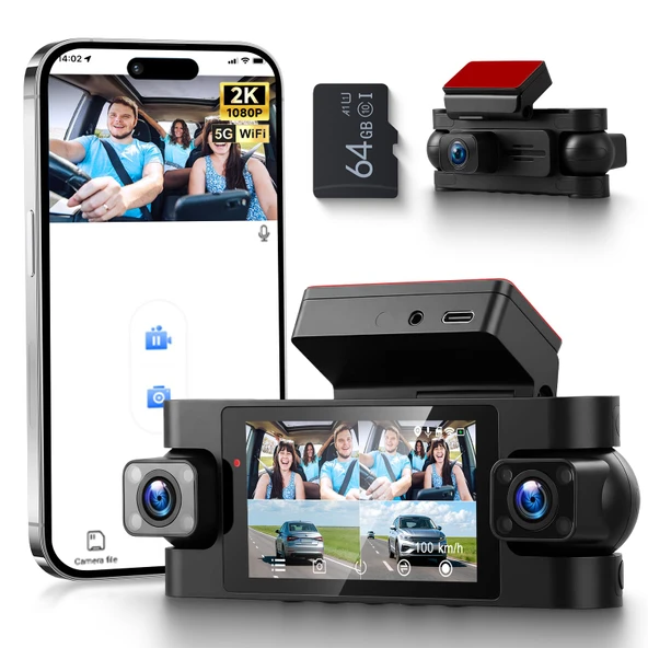 VECHTEL 2K Araç Kamerası WiFi özellikli Araç Ön Arka, 1080P 4*3 inç IPS Ekranlı Araç Kamerası Araç Kamerası, GPS Sürüş Mesafesi/Hız, Gece Görüşü, G Sensör, 360 Derece Koruma, 64 GB ile ürün görseli 1