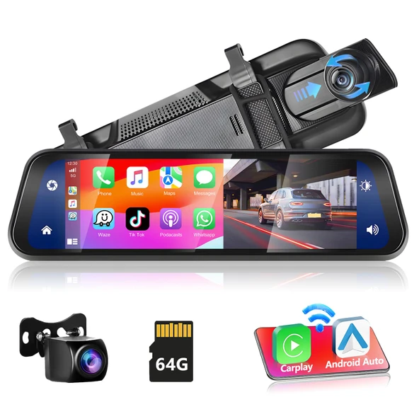 Kablosuz Carplay özellikli Podofo Ayna Dashcam, HD Arka Görüş Kameralı Android Auto 9.66 İnç IPS Dokunmatik Ekran Çift 1080P Dikiz Aynası Dashcam Araç Kamerası Araba, 2 Bölünmüş Ekran, Bluetooth ürün görseli 1