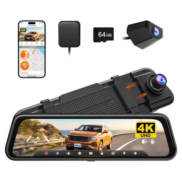 WOLFBOX M40 10" Arka Görüş Kamerası Aynası, 4K+1080P Araç Ön Arka Araç Kamerası, ADAS/BSD'li Ayna Araç Kamerası, Ses Kontrolü, 64 GB Kart Dahil, Wi-Fi ve GPS ürün görseli 1