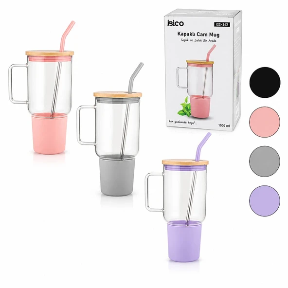1000 ml Cam Matara Kupa Bardak - Bambu Kapaklı - Silikon Kılıflı - Çelik Pipetli ürün görseli 1