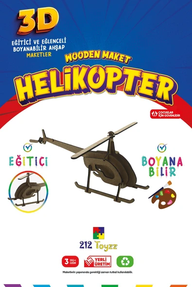3D Boyanabilir Ahşap Tek Kanatlı Helikopter Maketi - Çocuklar İçin Eğitici Oyuncak ürün görseli 1
