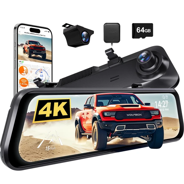 WOLFBOX G850 PRO ADAS ve BSD özellikli 4K aynalı araç kamerası, 5,8 GHz WiFi özellikli akıllı dikiz aynası, ses kontrolü, 64 GB kart dahil 12 inç arka görüş kamerası, GPS, G sensörü, döngü kaydı ürün görseli 1