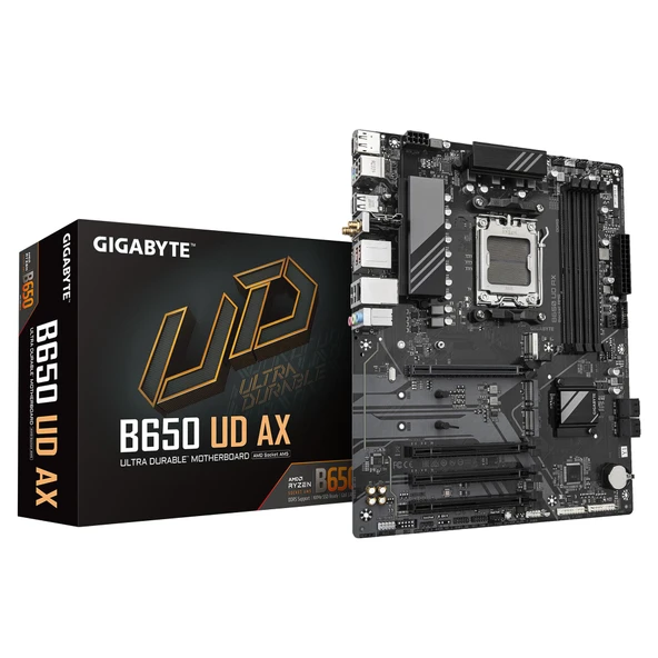 GIGABYTE B650 UD AX anakart - AMD Ryzen 9000 serisi CPU'ları, 6+2+2 fazlı VRM'yi, 7600 MHz'e kadar DDR5 (OC), 1x PCIe 5.0 + 2X PCIe 4.0 M.2, GbE LAN, Wi-Fi 6, USB 3.2 Gen 2'yi destekler ürün görseli 1