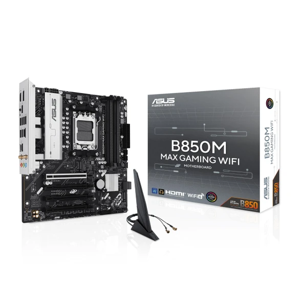 ASUS B850M MAX Oyun Anakartı Soketi AMD AM5 (mATX, DDR5, PCIe 5.0, 3X M.2, WiFi 6, BIOS Flashback, Aura Sync, Q-LED Core) ürün görseli 1