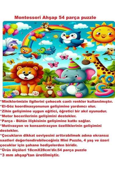Montessori ahşap 54 parça sevimli hayvanlar puzzle - Resim 2