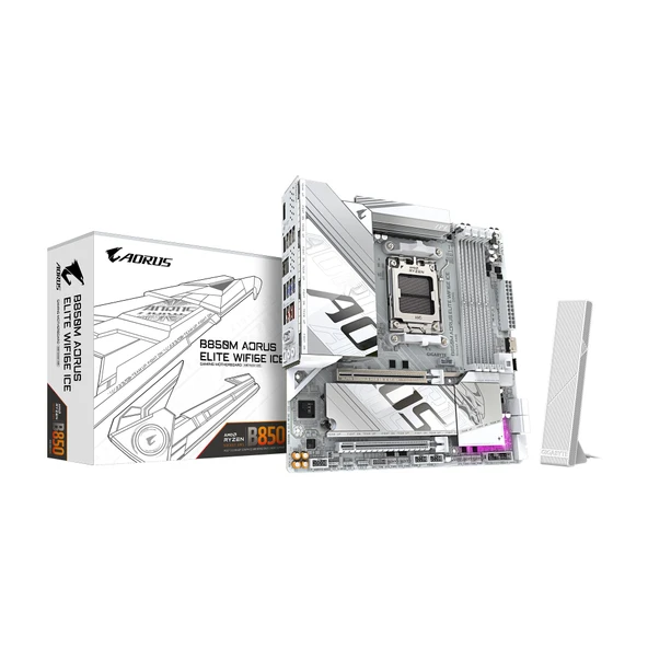 GIGABYTE B850M AORUS Elite WIFI6E Ice AMD AM5 LGA 1718 anakart, mATX, DDR5, 2X M.2, PCIe 5.0, USB-C, WIFI6E, 2.5GbE LAN, EZ-Latch, 5 yıl garanti ürün görseli 1
