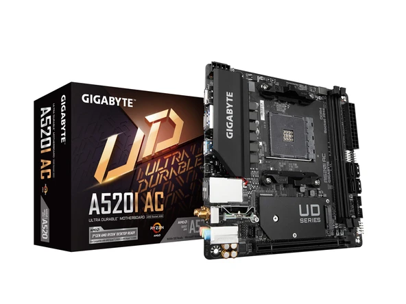 Gigabyte A520I AC (AMD Ryzen AM4/Mini-ITX/55A DrMOS'lu Direct 6 Fazlı Dijital PWM/Gaming GbE LAN/Intel WiFi+Bluetooth/NVMe PCIe 3.0 x4 M.2/3 ekran arayüzleri/Q-Flash Plus./Anakart) ürün görseli 1