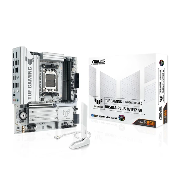ASUS TUF Gaming B850M-PLUS WIFI7 W anakart soketi AMD AM5 (Micro-ATX, DDR5, PCIe 5.0, 3X M.2 yuvaları, Realtek 2.5Gb Ethernet, Arka 20Gbps Type-C, Ön USB 10Gbps Type-C) ürün görseli 1